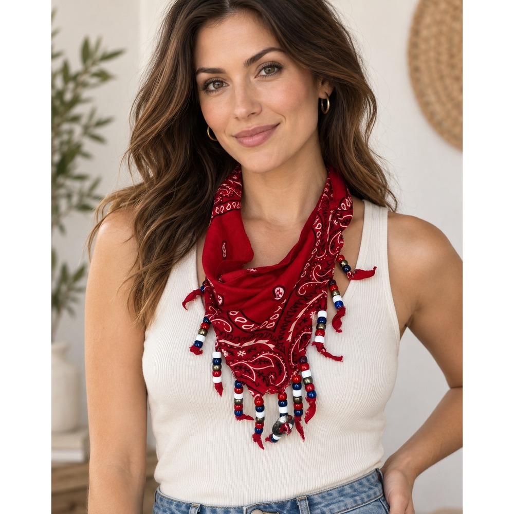 Vintage Bandana Scarf Red Paisley Beaded Fringe Americana Western Boho 90s Neck
